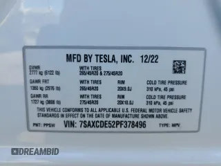 2023 Tesla Model X with VIN 7SAXCDE52PF378496, listed as a Copart auction lot 49455825 with Not Provided miles and Salvage Title. Bid and sale history available at DreamBid. Image 15.