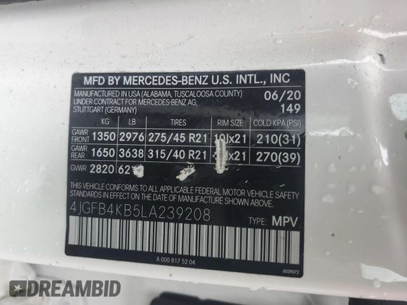 2020 Mercedes-Benz GLE 350 with VIN 4JGFB4KB5LA239208, listed as a Copart auction lot 57987375 with 54,256 mi miles and Salvage title. Bid and sale history available at DreamBid. Image 12.