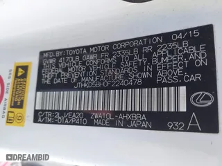 2015 Lexus CT 200h Hybrid with VIN JTHKD5BH0F2240478, listed as a IAAI auction lot 41356444 with 71,118 mi miles. Bid and sale history available at carsss.com. Image 9.