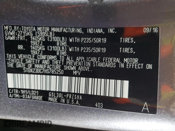 2017 Toyota Sienna SE with VIN 5TDXZ3DC7HS785250, listed as a Copart auction lot 57009695 with 79,691 mi miles and Salvage title. Bid and sale history available at DreamBid. Image 13.
