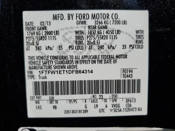 2013 Ford F-150 XL with VIN 1FTFW1ET1DFB64314, listed as a Copart auction lot 51065875 with 206,635 mi miles and Clean Title. Bid and sale history available at carsss.com. Image 13.