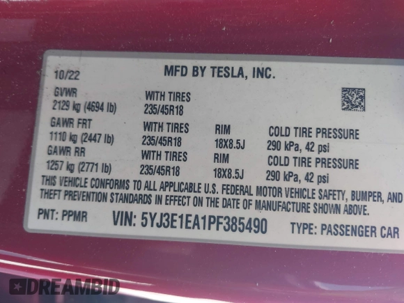 2023 Tesla Model 3 with VIN 5YJ3E1EA1PF385490, listed as a IAAI auction lot 42315884 with 17,590 mi miles and . Bid and sale history available at DreamBid. Image 9.