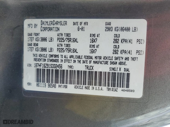 2001 Dodge Ram 1500 with VIN 1B7HF16Z91S332456, listed as a Copart auction lot 86576254 with 151,706 mi miles and Salvage Title. Bid and sale history available at carsss.com. Image 12.