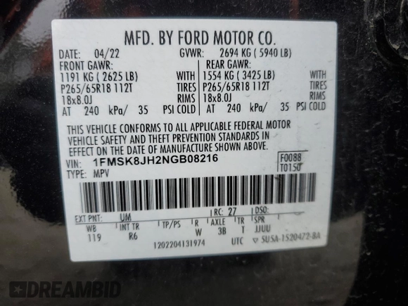 2022 Ford Explorer Timberline with VIN 1FMSK8JH2NGB08216, listed as a Copart auction lot 49431245 with 48,915 mi miles and Salvage Title. Bid and sale history available at carsss.com. Image 13.