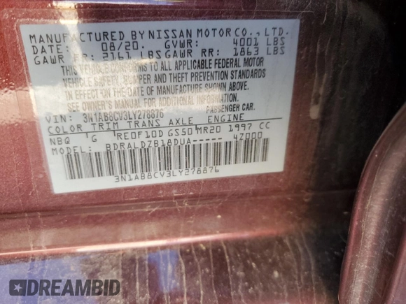 2020 Nissan Sentra SV with VIN 3N1AB8CV3LY278876, listed as a Copart auction lot 45994655 with 74,645 mi miles and Salvage Title. Bid and sale history available at carsss.com. Image 14.
