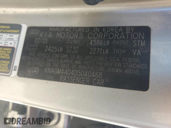 2013 Kia Optima EX with VIN KNAGM4AD4D5040468, listed as a Copart auction lot 81608804 with Not provided miles and Salvage title. Bid and sale history available at DreamBid. Image 14.