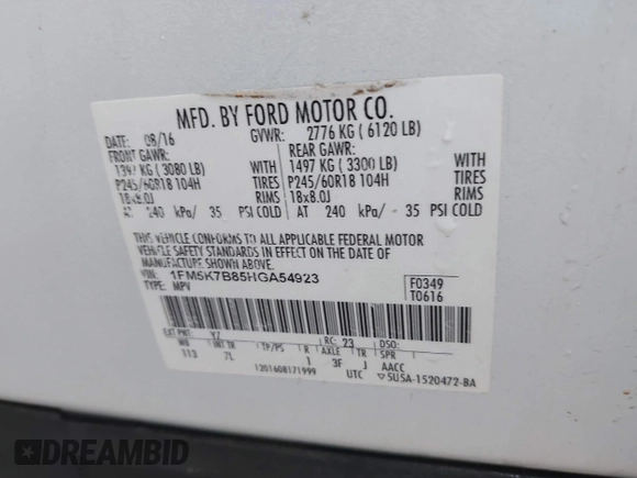 2017 Ford Explorer с VIN 1FM5K7B85HGA54923, выставлен на аукционе IAAI как лот 41949248 с пробегом 139 463 миль миль и . История ставок и продаж доступна на DreamBid. Изображение 9.
