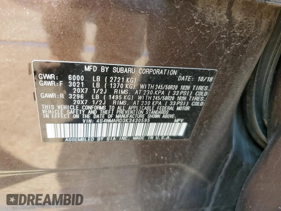 2019 Subaru Ascent Touring with VIN 4S4WMARD3K3430595, listed as a Copart auction lot 60341265 with 89,230 mi miles and Salvage title. Bid and sale history available at DreamBid. Image 13.