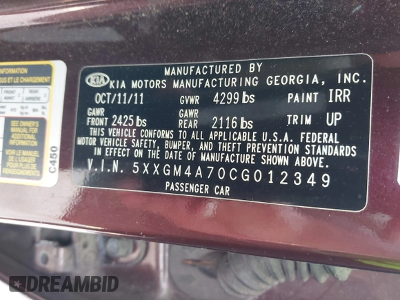 2012 Kia Optima LX z VIN 5XXGM4A70CG012349, wystawiony jako IAAI lot #42290950 z przebiegiem 112 293 mil mil oraz . Historia ofert i sprzedaży dostępna na DreamBid. Obrazek 9.