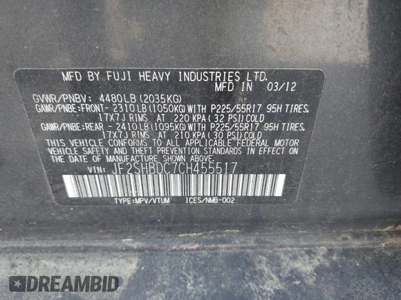 2012 Subaru Forester X Premium with VIN JF2SHBDC7CH455517, listed as a IAAI auction lot 42611928 with 152,575 mi miles and . Bid and sale history available at DreamBid. Image 9.