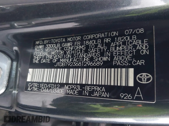 2008 Toyota Yaris with VIN JTDBT923681296689, listed as a IAAI auction lot 41762099 with 179,057 mi miles and . Bid and sale history available at carsss.com. Image 9.