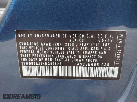 2017 Volkswagen Jetta SE with VIN 3VWDB7AJ1HM394626, listed as a IAAI auction lot 42594926 with 106,973 mi miles and . Bid and sale history available at DreamBid. Image 9.