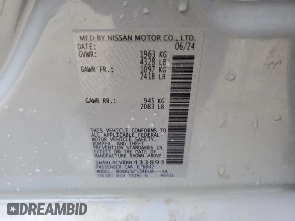2024 Nissan Altima SR z VIN 1N4BL4CV8RN433893, wystawiony jako Copart lot #52449445 z przebiegiem 15 642 mil mil oraz Nie do naprawy • Non repairable. Historia ofert i sprzedaży dostępna na DreamBid. Obrazek 12.