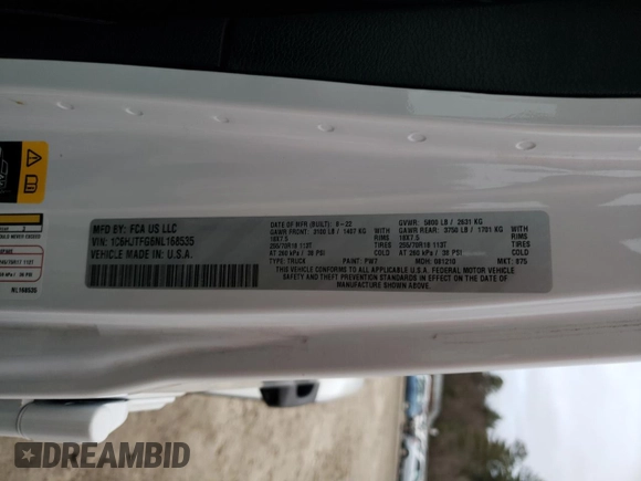 2022 Jeep Gladiator Overland с VIN 1C6HJTFG6NL168535, выставлен на аукционе Copart как лот 81087614 с пробегом 26 671 миль миль и Списание • Salvage title. История ставок и продаж доступна на DreamBid. Изображение 12.