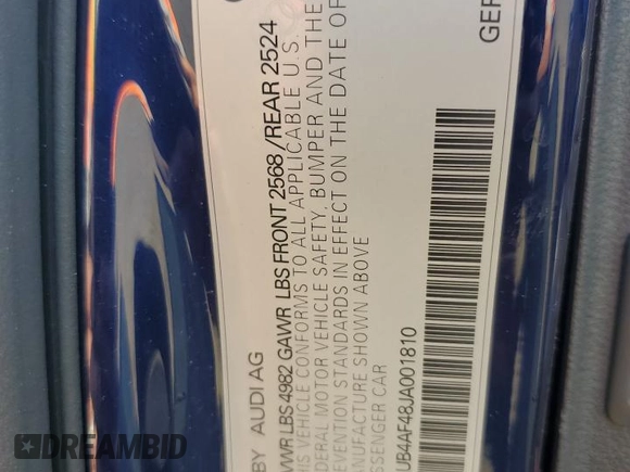 2018 Audi S4 Premium Plus with VIN WAUB4AF48JA001810, listed as a Copart auction lot 60475564 with 100,498 mi miles and Salvage Title. Bid and sale history available at carsss.com. Image 12.