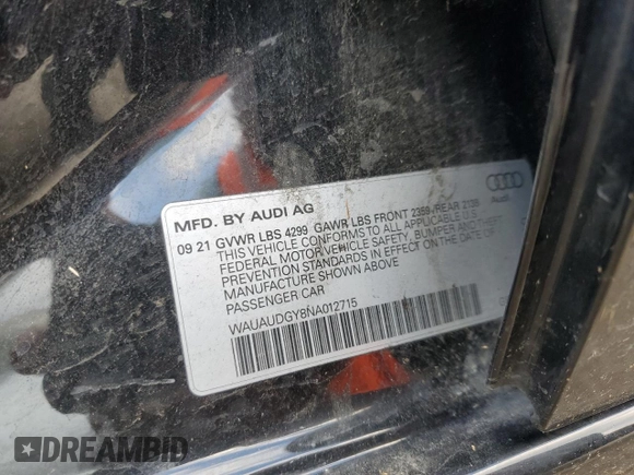 2022 Audi A3 Premium z VIN WAUAUDGY8NA012715, wystawiony jako Copart lot #56594485 z przebiegiem 51 607 mil mil oraz Szkoda całkowita • Salvage title. Historia ofert i sprzedaży dostępna na DreamBid. Obrazek 12.