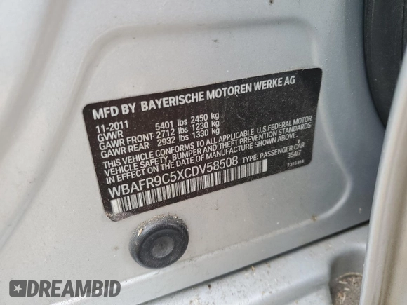 2012 BMW 5 Series 550i with VIN WBAFR9C5XCDV58508, listed as a Copart auction lot 47136085 with 170,034 mi miles and Salvage Title. Bid and sale history available at carsss.com. Image 12.
