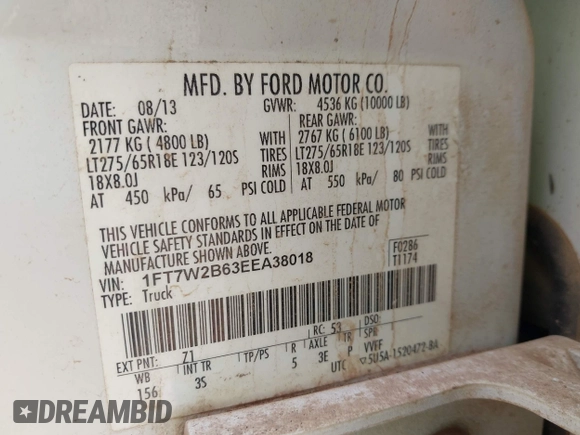 2014 Ford F-250 XL with VIN 1FT7W2B63EEA38018, listed as a IAAI auction lot 42029169 with 135,582 mi miles and . Bid and sale history available at DreamBid. Image 9.