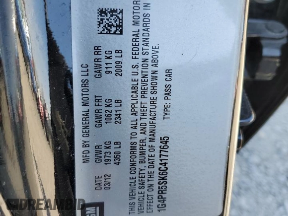 2012 Buick Verano Convenience Group with VIN 1G4PR5SK6C4177645, listed as a Copart auction lot 53781315 with 132,301 mi miles and Salvage Title. Bid and sale history available at carsss.com. Image 12.