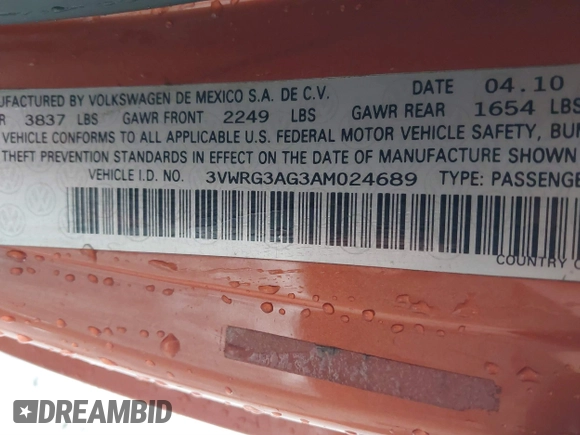 2010 Volkswagen Beetle with VIN 3VWRG3AG3AM024689, listed as a IAAI auction lot 41037756 with 102,180 mi miles and . Bid and sale history available at DreamBid. Image 9.