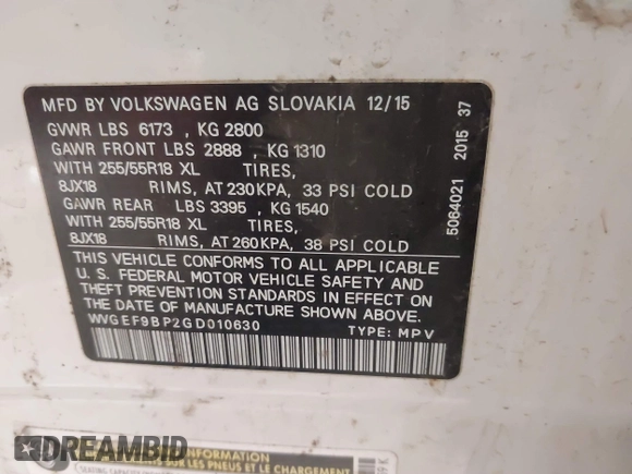 2016 Volkswagen Touareg Sport с VIN WVGEF9BP2GD010630, выставлен на аукционе IAAI как лот 41837326 с пробегом 178 640 миль миль и . История ставок и продаж доступна на DreamBid. Изображение 9.