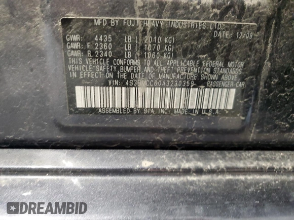 2010 Subaru Legacy Premium All-Weather Anniversary with VIN 4S3BMCC60A3230359, listed as a Copart auction lot 62827065 with 190,429 mi miles and Clean title. Bid and sale history available at DreamBid. Image 12.