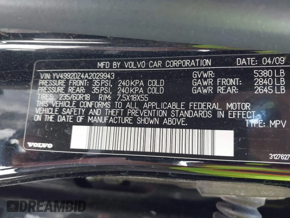 2010 Volvo XC60 3.0T with VIN YV4992DZ4A2029943, listed as a IAAI auction lot 42443995 with 197,979 mi miles and . Bid and sale history available at DreamBid. Image 9.