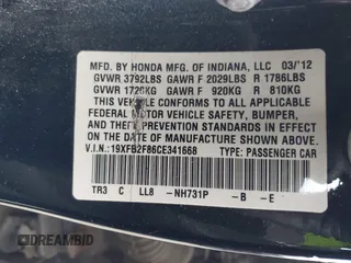 2012 Honda Civic EX with VIN 19XFB2F86CE341668, listed as a IAAI auction lot 42013980 with 187,425 mi miles and . Bid and sale history available at DreamBid. Image 9.