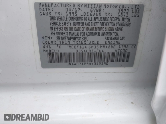 2017 Nissan Sentra SV with VIN 3N1AB7AP9HY312390, listed as a IAAI auction lot 41723913 with 119,391 mi miles. Bid and sale history available at carsss.com. Image 9.