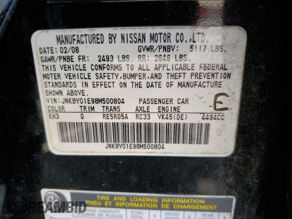 2008 Infiniti M with VIN JNKBY01E98M500804, listed as a Copart auction lot 41509905 with 180,739 mi miles and Non repairable. Bid and sale history available at DreamBid. Image 12.