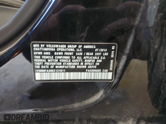 2014 Volkswagen Passat SE z VIN 1VWBN7A35EC121511, wystawiony jako Copart lot #48156315 z przebiegiem 136 472 mil mil oraz Szkoda całkowita • Salvage title. Historia ofert i sprzedaży dostępna na DreamBid. Obrazek 12.