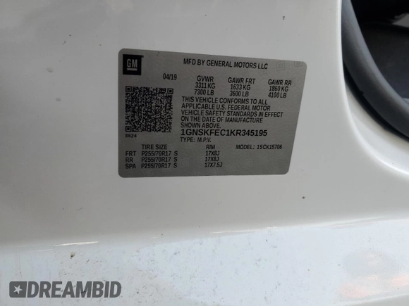 2019 Chevrolet Tahoe Commercial with VIN 1GNSKFEC1KR345195, listed as a Copart auction lot 48791005 with Not provided miles and Salvage title. Bid and sale history available at DreamBid. Image 14.