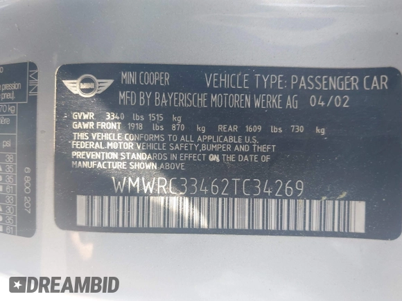 2002 MINI Hardtop with VIN WMWRC33462TC34269, listed as a IAAI auction lot 42265191 with Not Provided miles and . Bid and sale history available at DreamBid. Image 9.