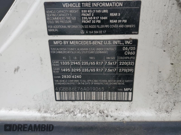 2006 Mercedes-Benz M 350 with VIN 4JGBB86E76A019065, listed as a Copart auction lot 49798785 with 203,331 mi miles and Salvage Title. Bid and sale history available at DreamBid. Image 13.