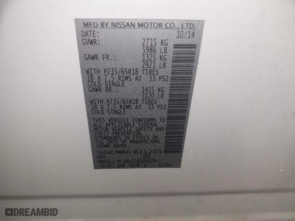 2015 Nissan Pathfinder Platinum with VIN 5N1AR2MM6FC611205, listed as a IAAI auction lot 41556344 with 86,366 mi miles. Bid and sale history available at carsss.com. Image 9.