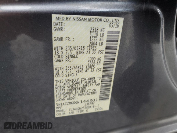 2016 Nissan Murano SV z VIN 5N1AZ2MG0GN144301, wystawiony jako Copart lot #50007375 z przebiegiem Nie podano mil oraz Szkoda całkowita • Salvage title. Historia ofert i sprzedaży dostępna na DreamBid. Obrazek 16.
