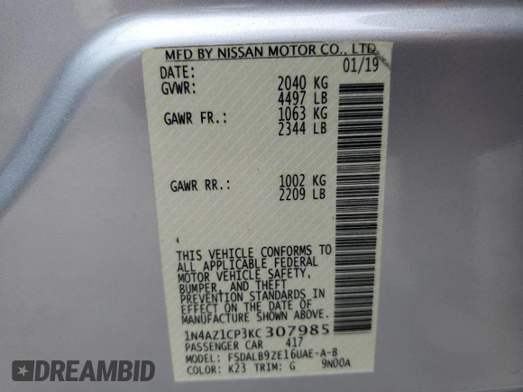 2019 Nissan LEAF SV with VIN 1N4AZ1CP3KC307985, listed as a Copart auction lot 55801095 with 107,259 mi miles and Salvage title. Bid and sale history available at DreamBid. Image 13.