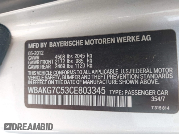 2012 BMW 3 Series 335i with VIN WBAKG7C53CE803345, listed as a IAAI auction lot 42489548 with 96,521 mi miles and . Bid and sale history available at DreamBid. Image 9.