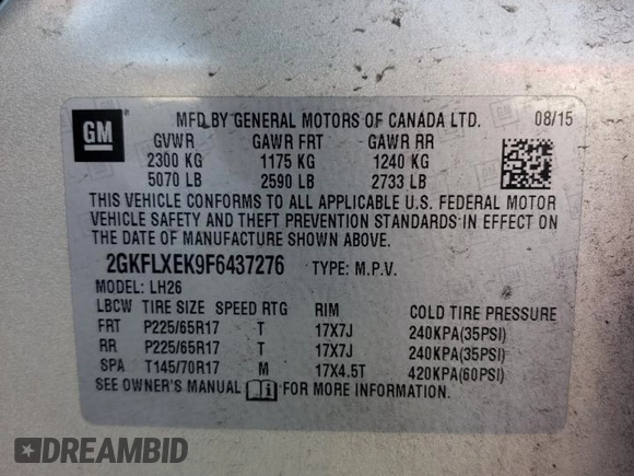 2015 GMC Terrain SLT with VIN 2GKFLXEK9F6437276, listed as a Copart auction lot 46096565 with 97,156 mi miles and Salvage Title. Bid and sale history available at DreamBid. Image 15.