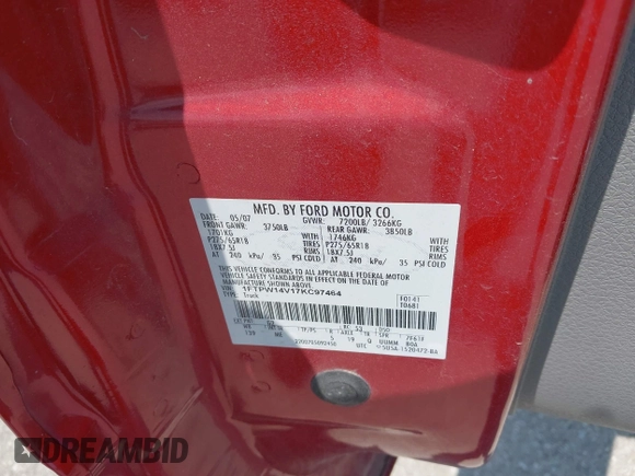 2007 Ford F-150 XLT z VIN 1FTPW14V17KC97464, wystawiony jako IAAI lot #42856960 z przebiegiem 180 194 mil mil oraz . Historia ofert i sprzedaży dostępna na DreamBid. Obrazek 9.