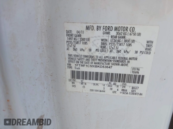 2011 Ford F-150 XL with VIN 1FTMF1CMXBKD53647, listed as a IAAI auction lot 41879176 with 207,370 mi miles. Bid and sale history available at carsss.com. Image 9.