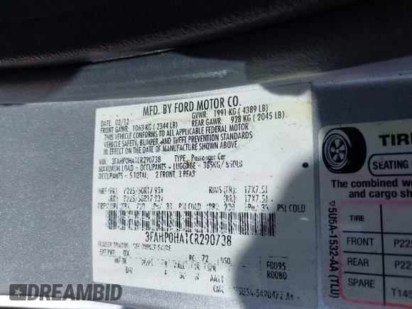 2012 Ford Fusion SE with VIN 3FAHP0HA1CR290738, listed as a IAAI auction lot 42632934 with 182,446 mi miles and . Bid and sale history available at DreamBid. Image 9.