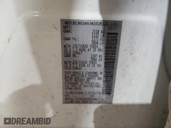 2023 Nissan Murano Platinum with VIN 5N1AZ2DJ8PC127625, listed as a Copart auction lot 43221825 with 66,476 mi miles and Salvage title. Bid and sale history available at DreamBid. Image 14.