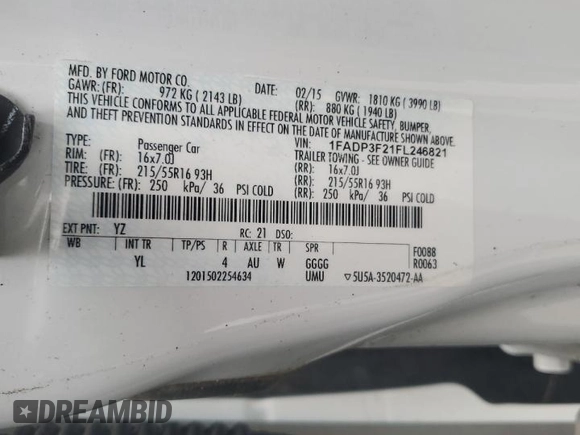 2015 Ford Focus SE with VIN 1FADP3F21FL246821, listed as a Copart auction lot 59732635 with 135,752 mi miles and Salvage title. Bid and sale history available at DreamBid. Image 13.