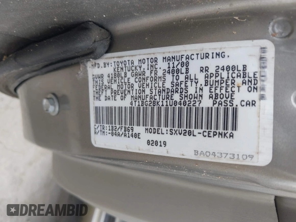 2001 Toyota Camry CE with VIN 4T1BG28K11U040227, listed as a IAAI auction lot 42220307 with 212,125 mi miles and . Bid and sale history available at DreamBid. Image 9.