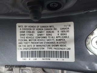 2019 Honda Civic Sedan Sport with VIN 2HGFC2F83KH515794, listed as a IAAI auction lot 41967452 with 38,515 mi miles. Bid and sale history available at carsss.com. Image 9.