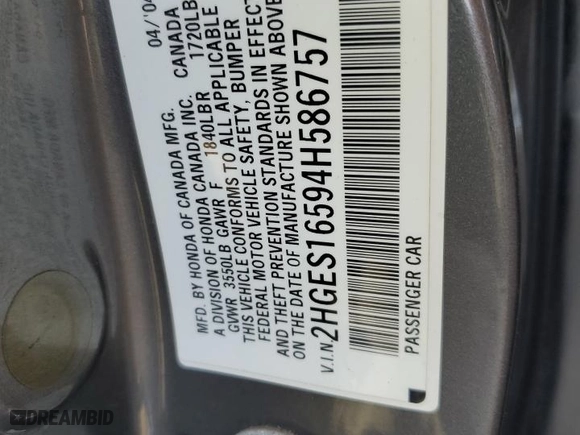 2004 Honda Civic LX with VIN 2HGES16594H586757, listed as a Copart auction lot 42595235 with 294,135 mi miles and Salvage Title. Bid and sale history available at carsss.com. Image 14.