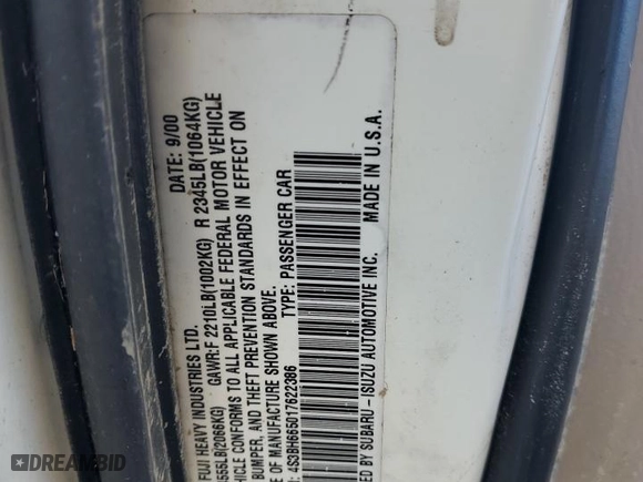2001 Subaru Legacy Wagon Outback w/RB Equip with VIN 4S3BH665017622386, listed as a Copart auction lot 74765884 with 0 mi miles and Salvage Title. Bid and sale history available at carsss.com. Image 12.