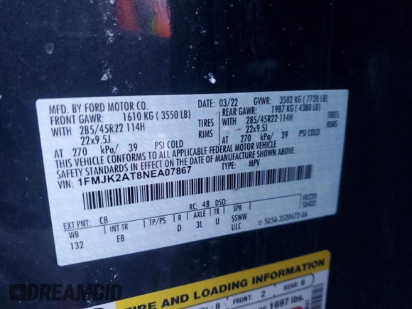 2022 Ford Expedition Max Limited with VIN 1FMJK2AT8NEA07867, listed as a Copart auction lot 88523575 with Not provided miles and Salvage title. Bid and sale history available at DreamBid. Image 13.