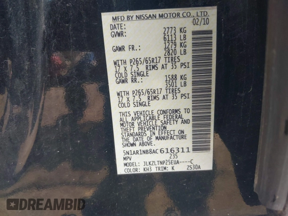 2010 Nissan Pathfinder LE with VIN 5N1AR1NB8AC616311, listed as a IAAI auction lot 42693106 with 225,104 mi miles and . Bid and sale history available at DreamBid. Image 9.